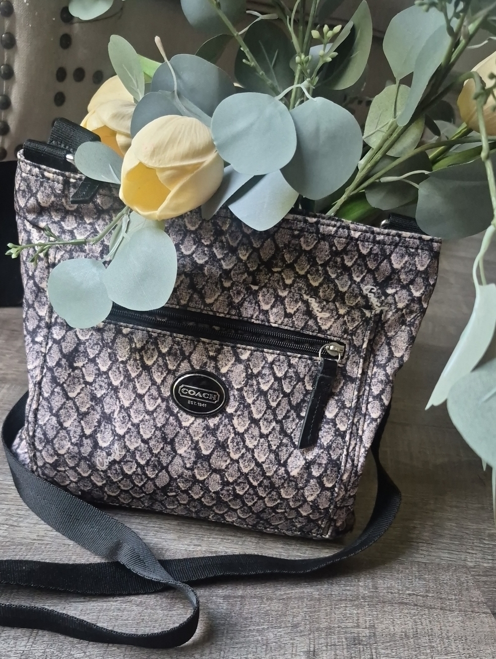 Coach Crossbody Snake-Print Shoulder Bag in Taupe Nylon